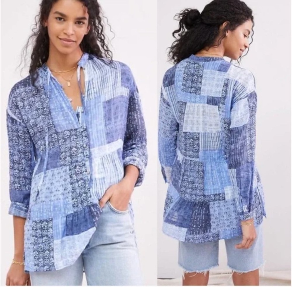 Anthropologie Pilcro Blue Boho Patchwork Tiered
Tunic Top
Size L - Picture 7 of 7
